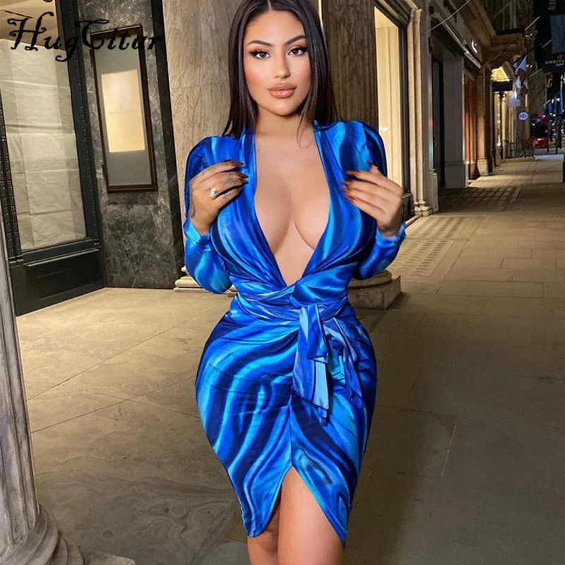 Hugcitar 2021 Summer Tie Dye Print Long Sleeves Revealing Bodycon Bandage Mini Dress Women Fashion Outfits Sexy Club Y2K