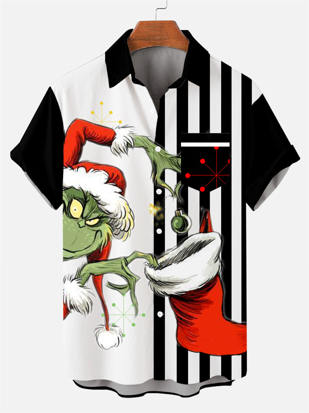 Men's Christmas Striped Cartoon Pattern Short Sleeve Shirt with Pockets PLUSCLOTHESMAN