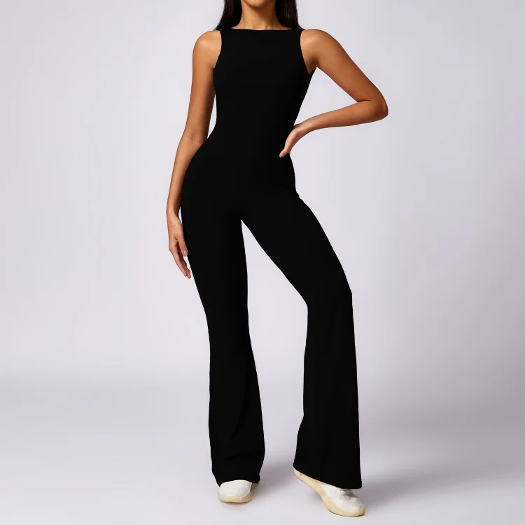 PASUXI Custom Logo Gym Fitness Flared Yoga Wear Bodysuit Ladies Workout Casual Hollow Back One Piece Women Plus Size Jumpsuit huanwei
