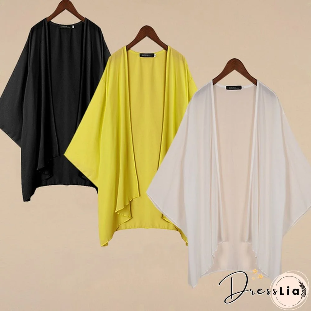 Yellow/White/Black ZANZEA Women Summer Short Sleeve Chiffon Kimono Tops Cardigan Open Front Coat Jacket Cape