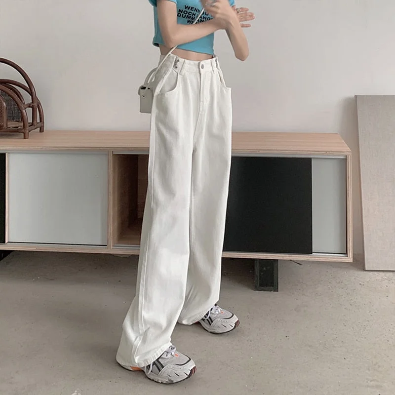 2022 White Loose High Waist Wide Leg Pants Women&#39;s Jeans New Pockets Full Length Long Mopping Pants Female Casual Vaqueros Mujer