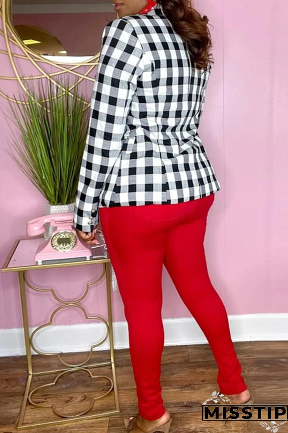 Red Fashion Casual Plaid Print Cardigan Turndown Collar Outerwear