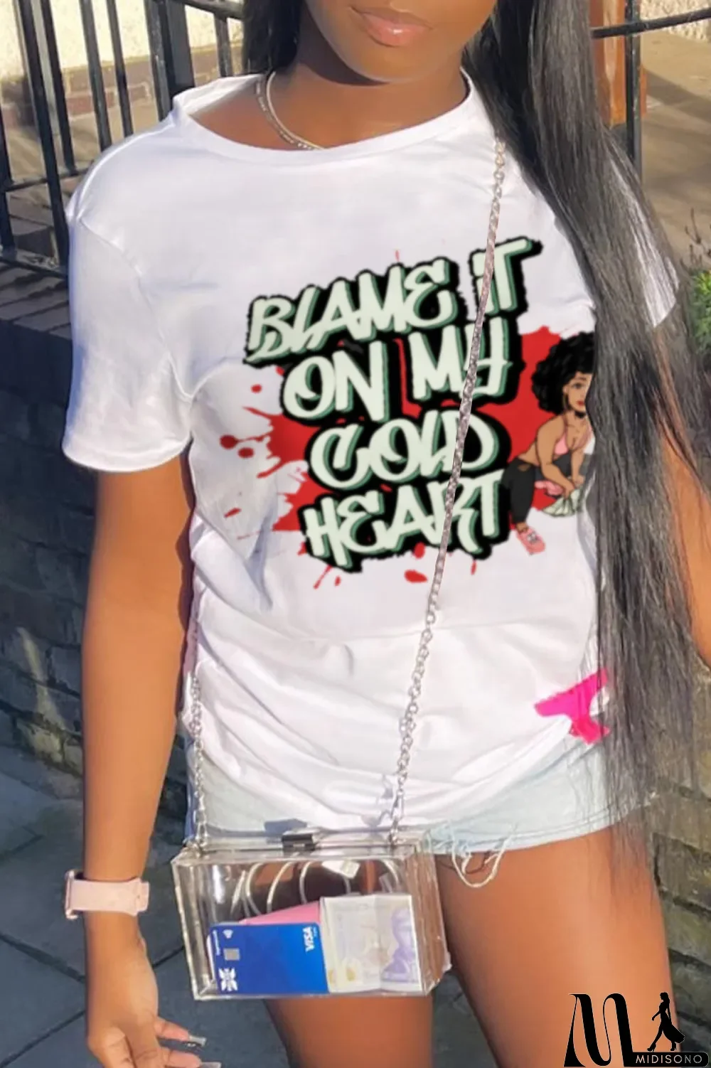 MidiSono - White Fashion Vintage Print Letter O Neck T-Shirts