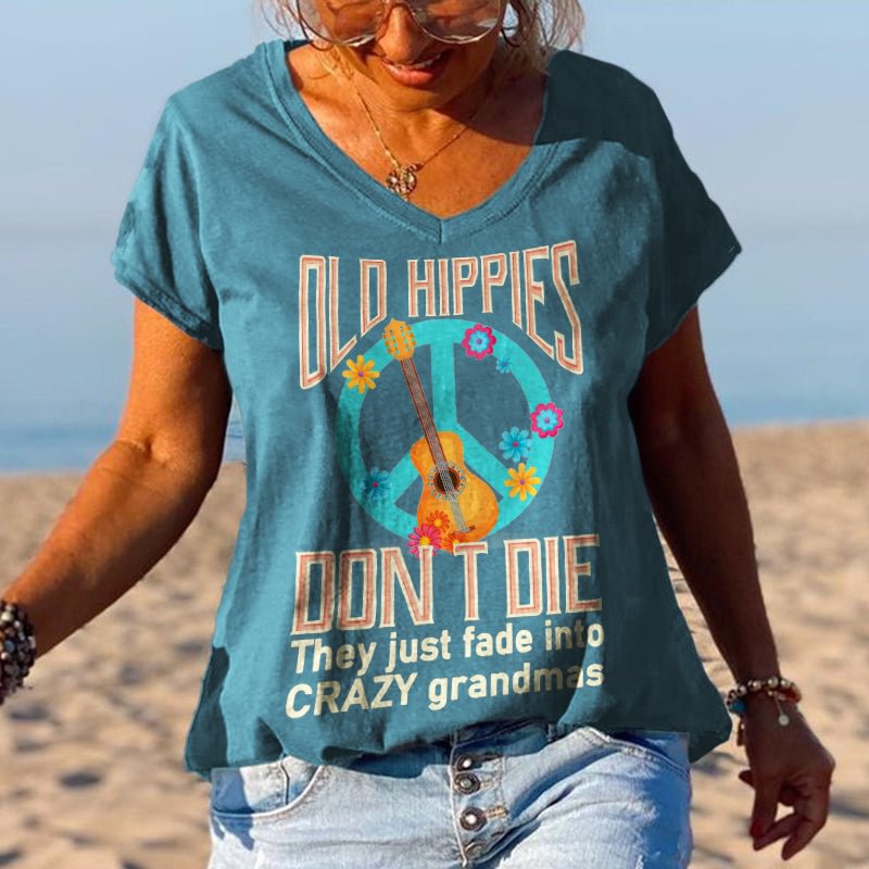 Women Guitar Floral Old Hippies Don't Die Printed Graphic Tees