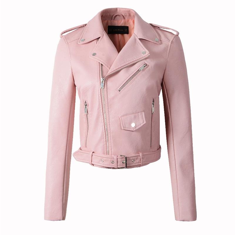 FTLZZ Zipper PU Leather Jacket Short Pink Motorcycle Jackets With Belt Classic Basic Spring Women Faux Leather Outwear