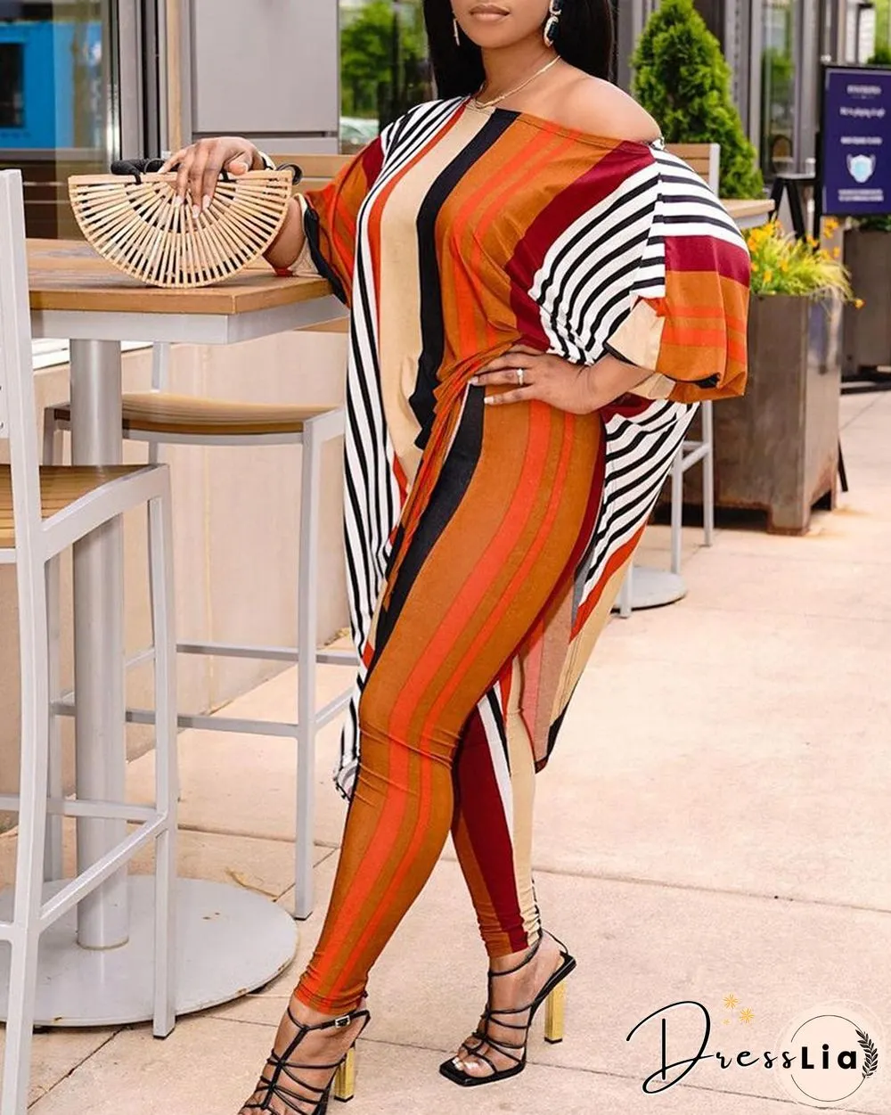 Color Block Striped Long Sleeve Blouse With Pants Suit Sets