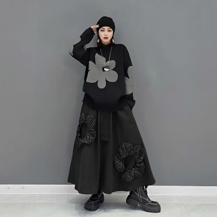 Fashion Casual Loose Flowers Pattern O-neck Knitting Top And Black Skirt Set 