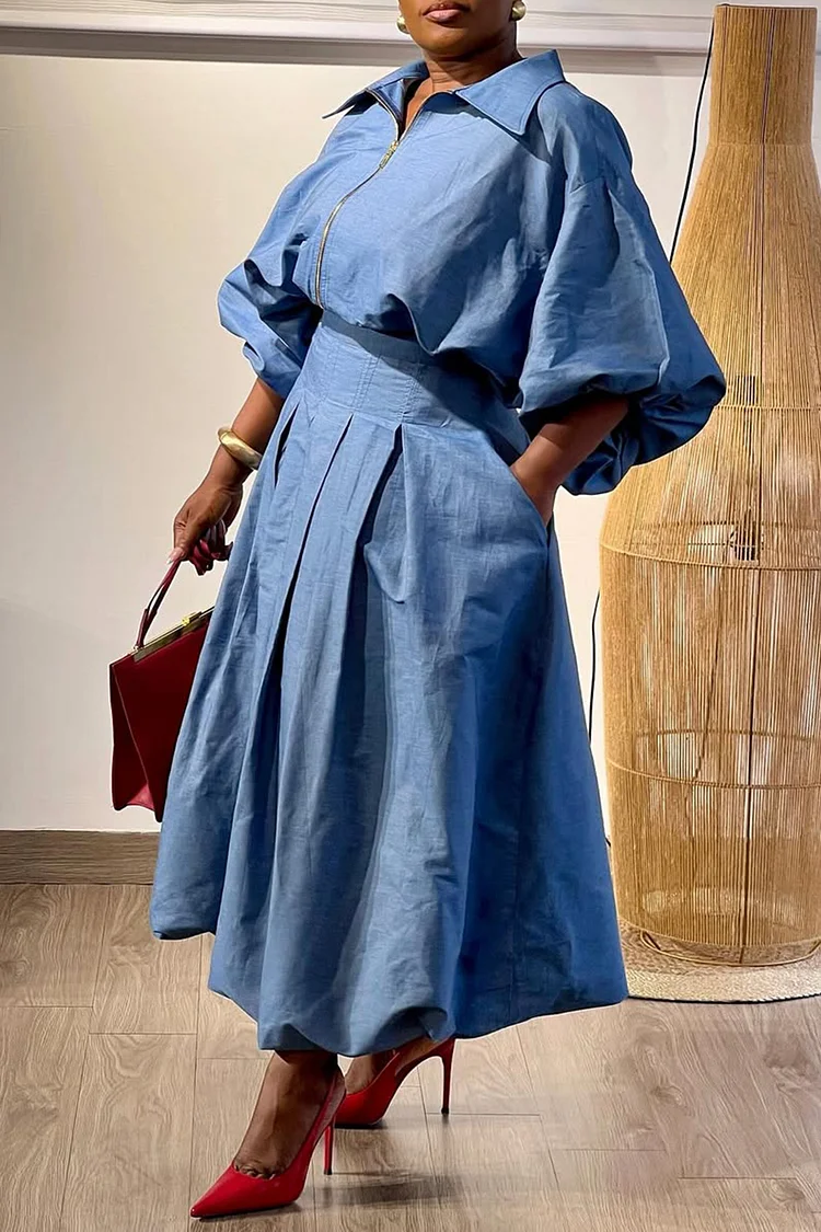 Plus Size Daily Blue Shirt Collar Lantern Sleeve Long Sleeve Pleated Casual Pocket Two Piece Skirt Sets [Pre-Order]