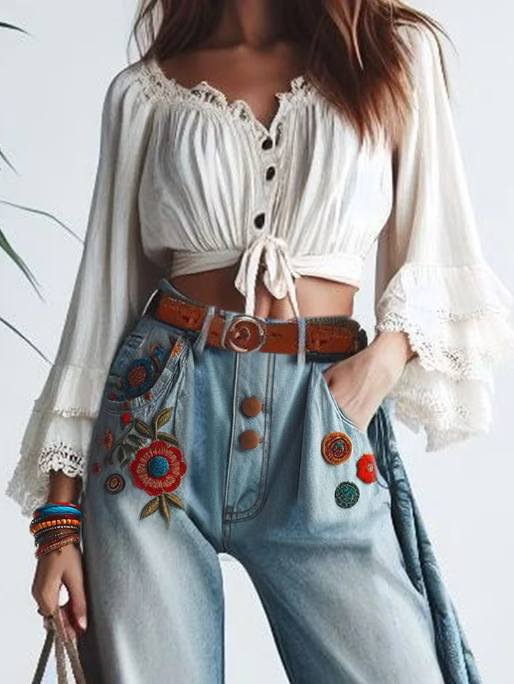 Flare Sleeve V Neck Cropped Lace Up Button Blouse