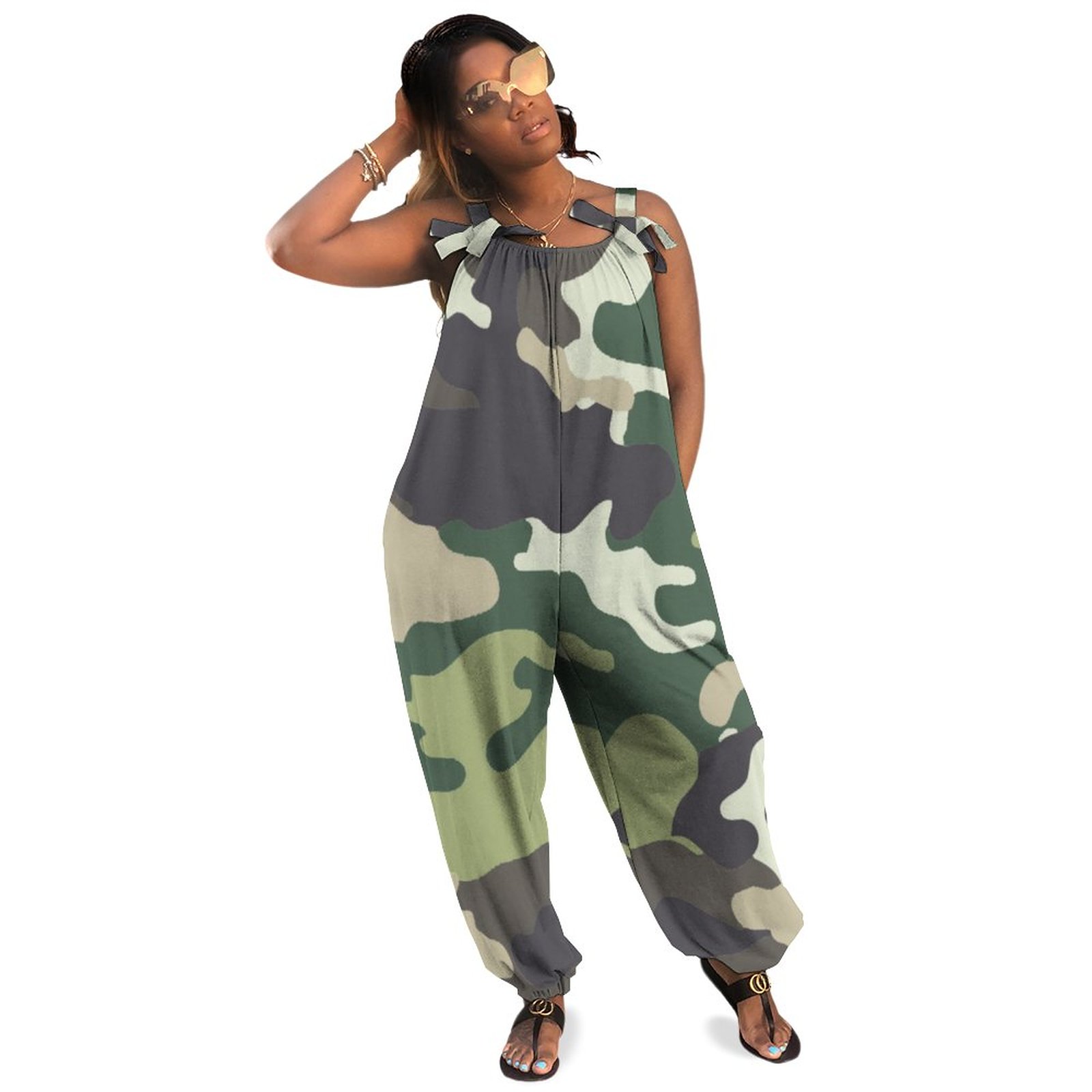 Multi Cam Camouflage Women Plus Size Jumpsuit Summer Loose Harem Pants Spaghetti Strap Romper Casual Long Length Polyester Spandex