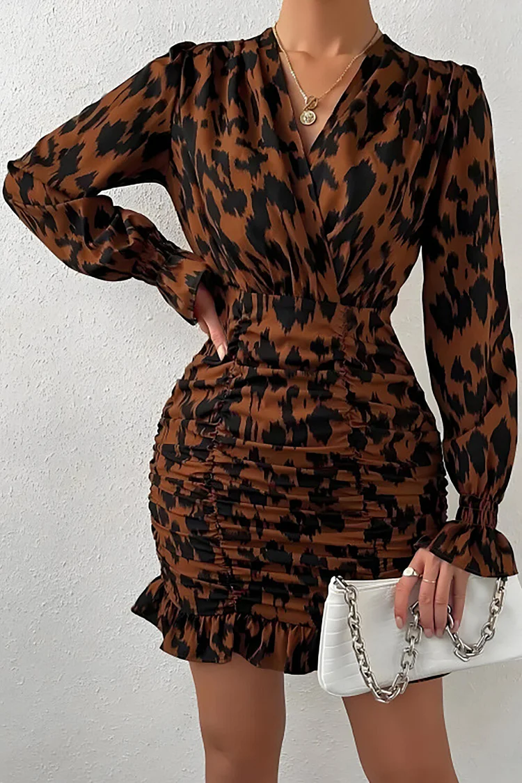 Leopard Print V Neck Long Sleeve Ruched Bodycon Ruffled Mini Dresses-Brown