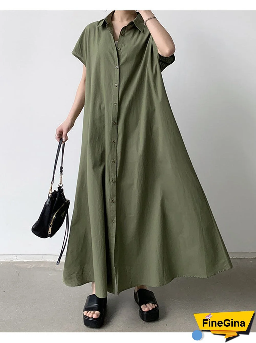Women's Short Sleeve Scoop Neck Cotton Linen Casual Midi Dress