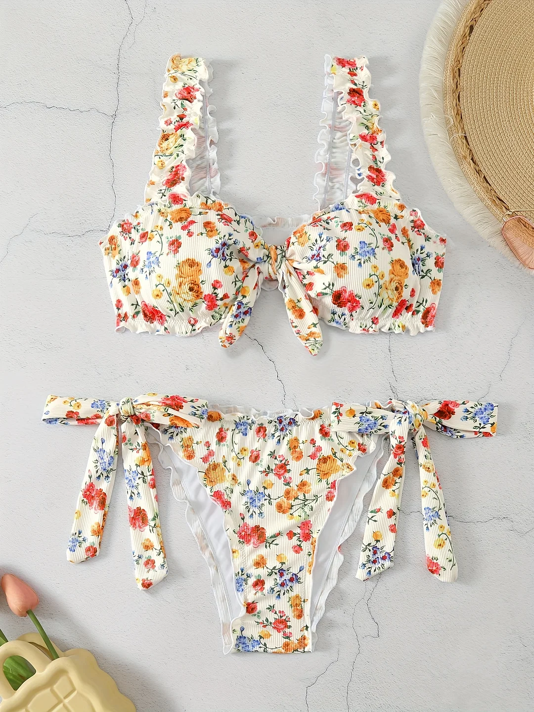 Floral Print Women's Split Bikini Set | Casual Swimwear With Ear Tie Stra | IFYHOME