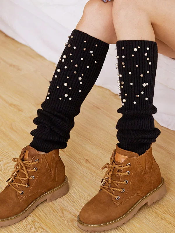 Knitted Bead Decoration Keep Warm Solid Color Leg Warmers Accessories