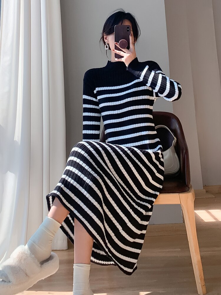 Searchwombat 2024 Autumn Winter Korean Style New Half High Collar Stripe Long Above Knee Knit Dress Wool Sweater Casual Fashion Bodycon Skirt