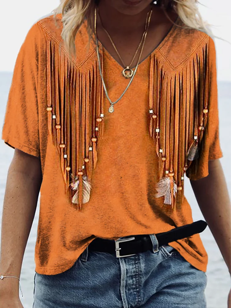 Western Vintage Leather Fringe Art V Neck Comfy T Shirt