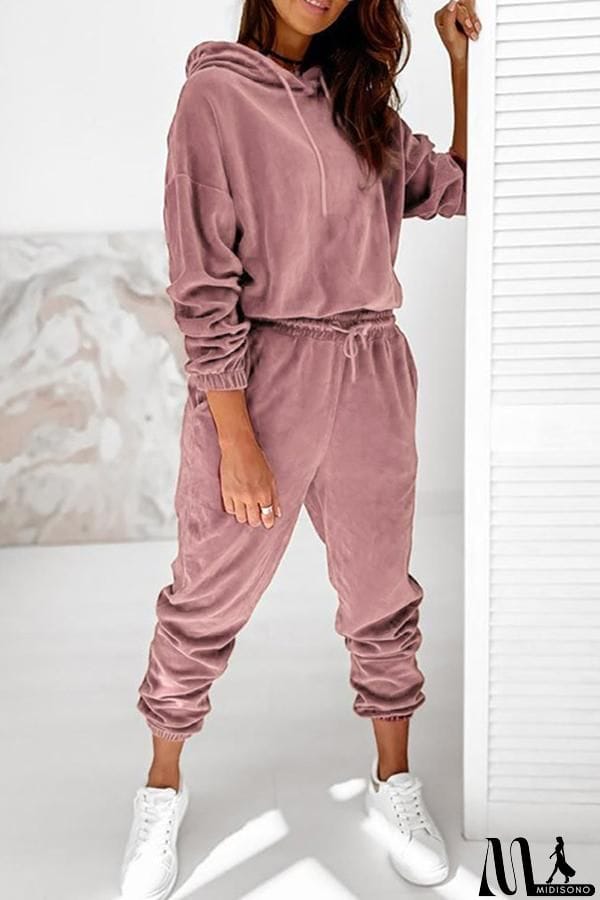 MidiSono - Velvet Drawstring Hooded Joggrt Set