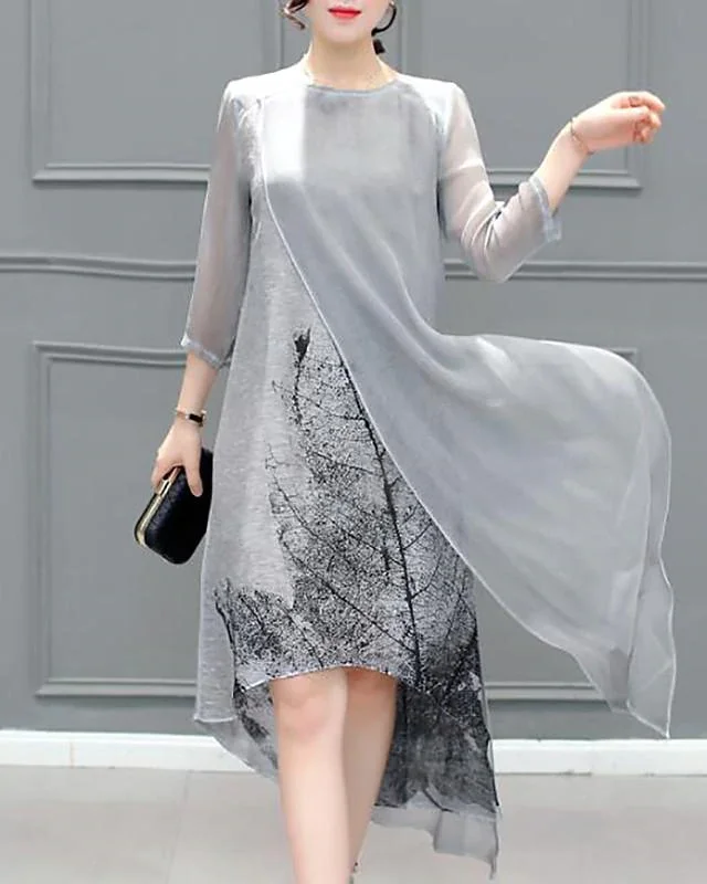 Women's Chiffon Dress Knee Length Dress - 3/4 Length Sleeve Print Layered Summer Plus Size Hot Going Out Gray