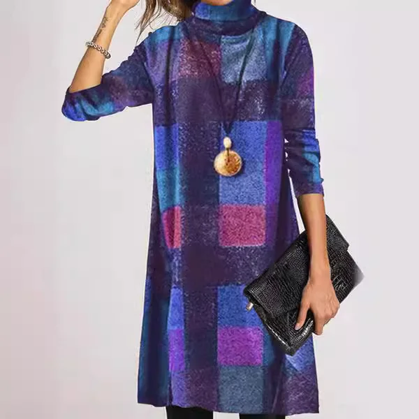 Wongn Wongn Autumn / Winter New Vintage Thickened French Cashmere Grinding Wool High Collar Long Sleeve Plaid Dress Direct Sales