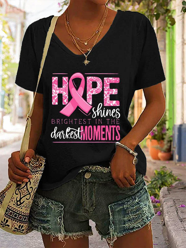 Hope Shines Pink Ribbon V-neck Short Sleeve T-shirt socialshop