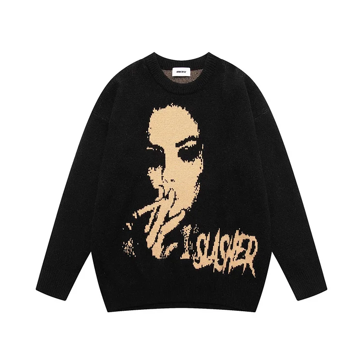 Street Retro Character Jacquard Sweater Hip Hop Loose Pullover Sweater at Hiphopee