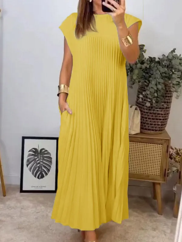 Split-Joint Solid Color Pockets Pleated Plus Size Loose Round-Neck Maxi Dresses YELLOW-2XL