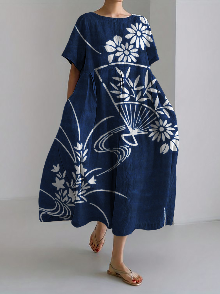 Comstylish Fan Floral Japanese Art Linen Blend Maxi Dress
