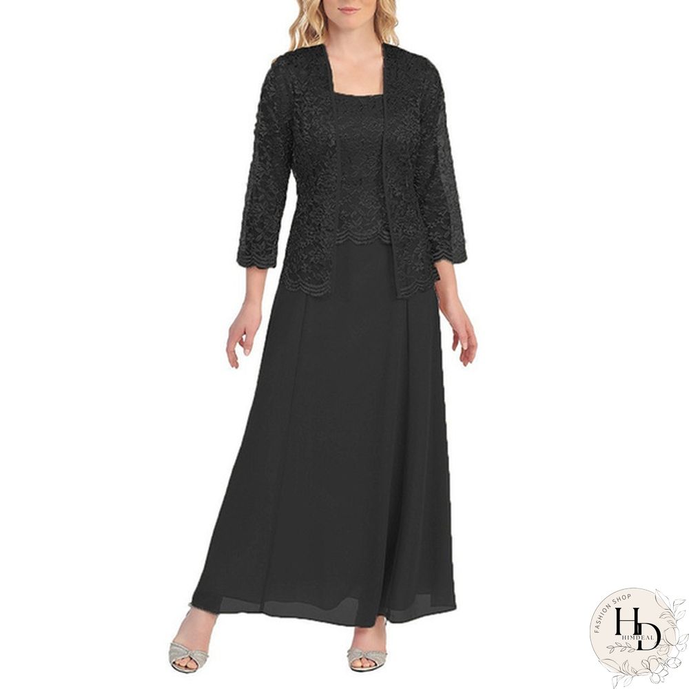 New Women Lace Cardigan And Chiffon Maxi Skirt Two-Piece Ladies Fashion Long Chiffon Dress Mother Of Groom Dress With Lace Long Sleeve
