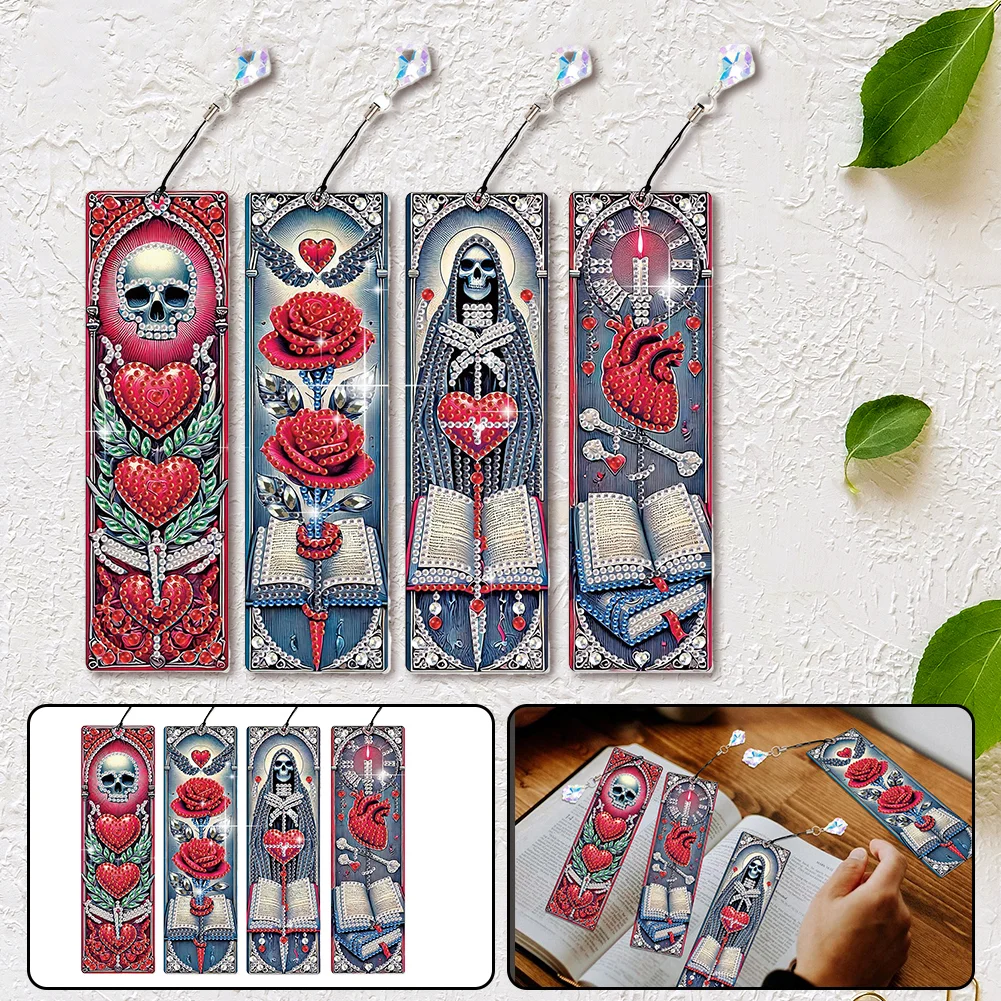 4Pcs Skull Rose Themed DIY Diamond Painting Bookmark for Reading Enthusiasts