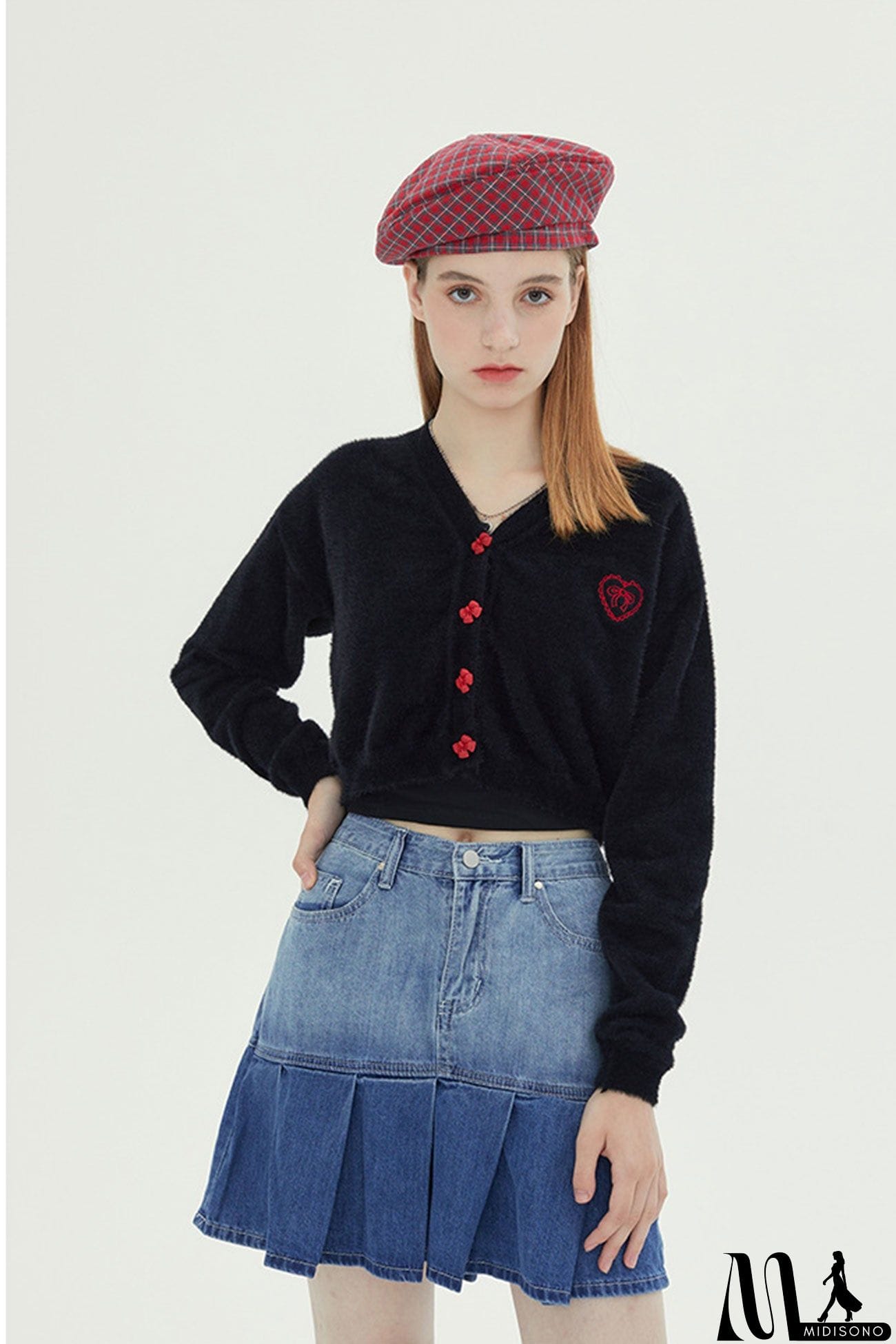 MidiSono - V Neck Solid Color Cardigan