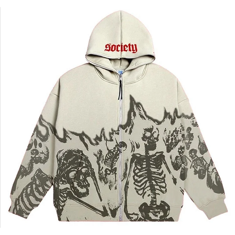 Sopula Vintage Flame Skull Print Graphic Zip Up Hoodie