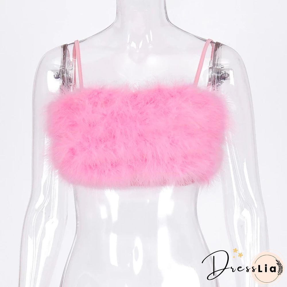 Fashion Sexy Spaghetti Straps Pink Feather Crop Top Women Camisole Sleeveless Tops Party Club Streetwear Camis