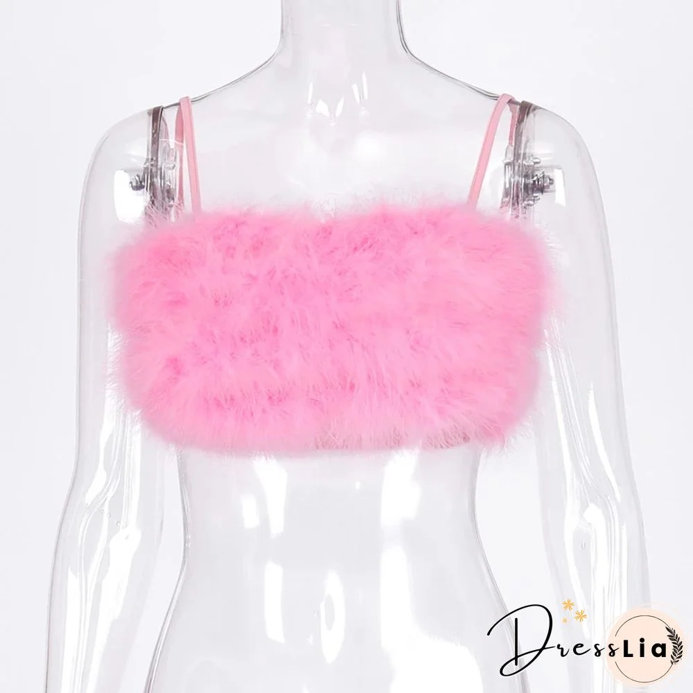 Fashion Sexy Spaghetti Straps Pink Feather Crop Top Women Camisole Sleeveless Tops Party Club Streetwear Camis