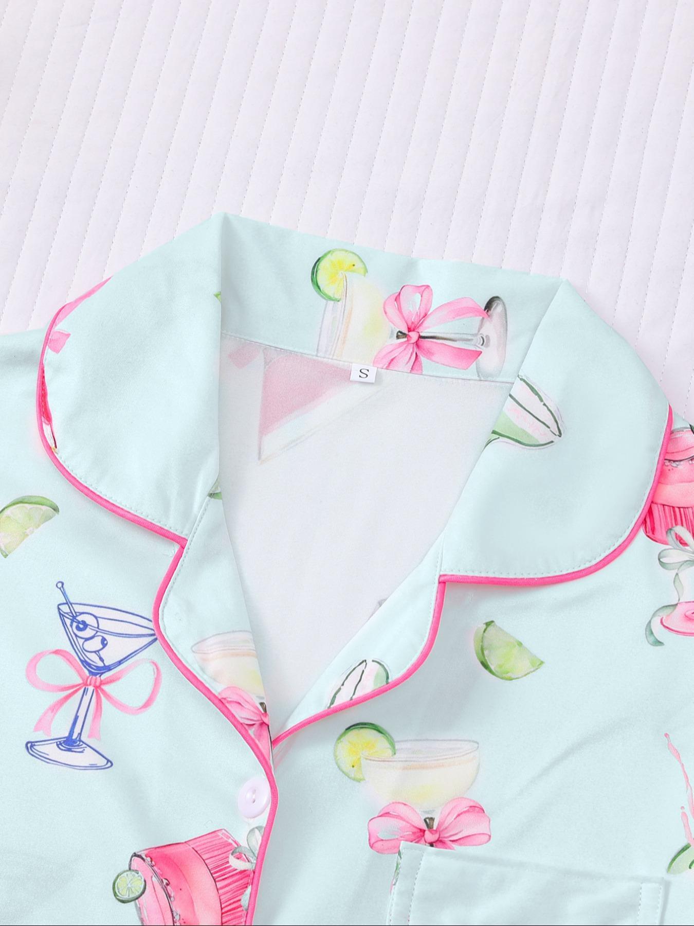 Women's All-Over Cocktail Print Button Front Shirt & Elastic Waist Shorts Pyjama, Casual Comfy Pjs Short Sleeve Top & Shorts Pajamas Set, Ladies Sleepwear for All Seasons, Loungewear, Casual Pajamas Outfit