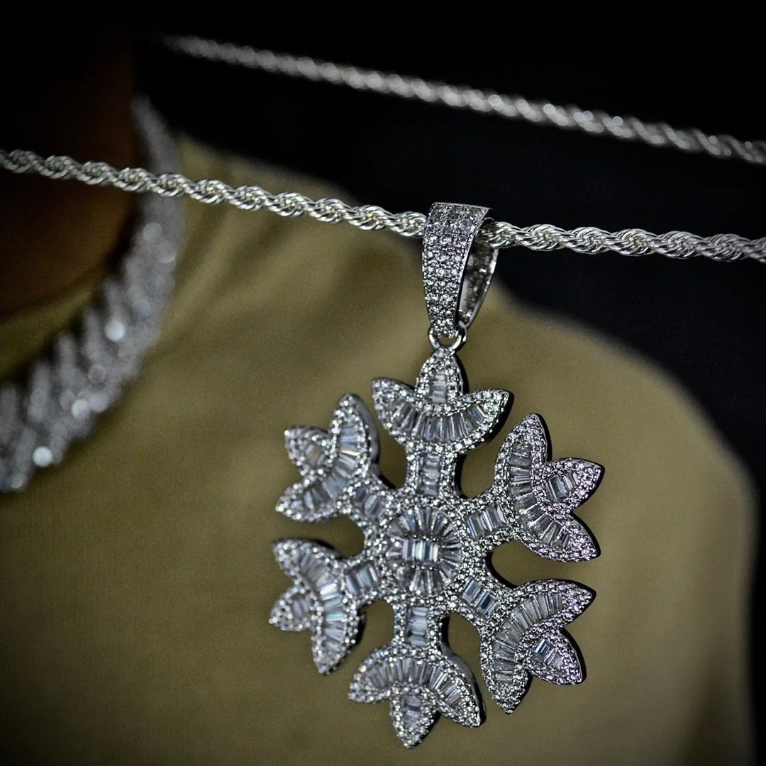 Iced Out Baguette CZ Snowflake Pendant Necklace Jewelry-VESSFUL