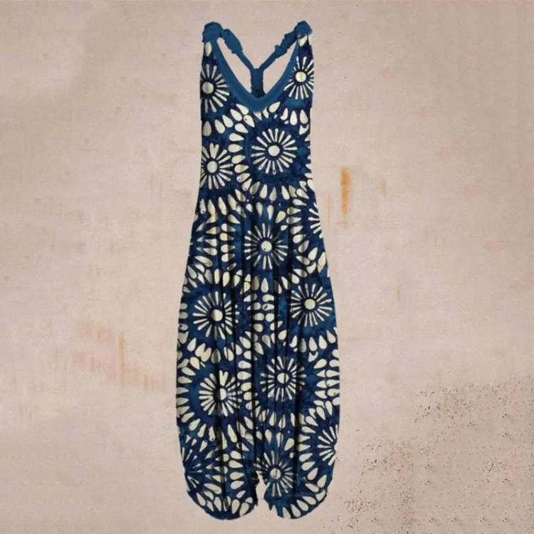 Ejimei Fashion Cotton Overalls Jumpsuits Women Summer Printed Sleeveless Jumpsuit for Women Loose Wide Leg Pants Overalls for Women