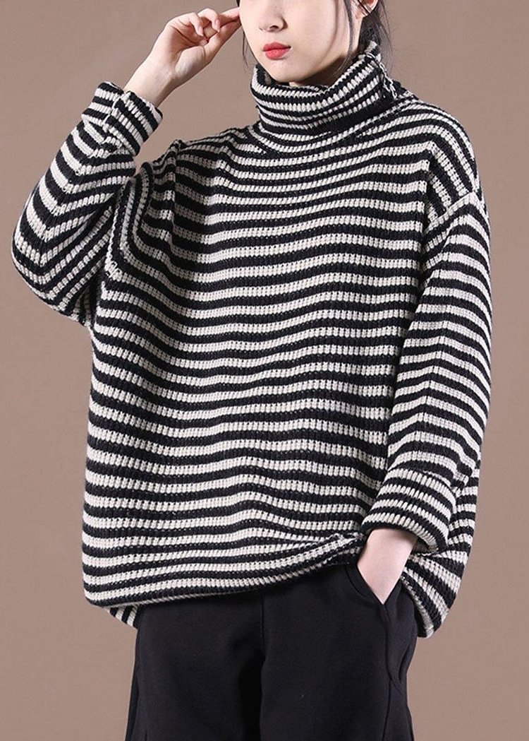 Fitted Black Striped Turtleneck Fall Knit Sweater