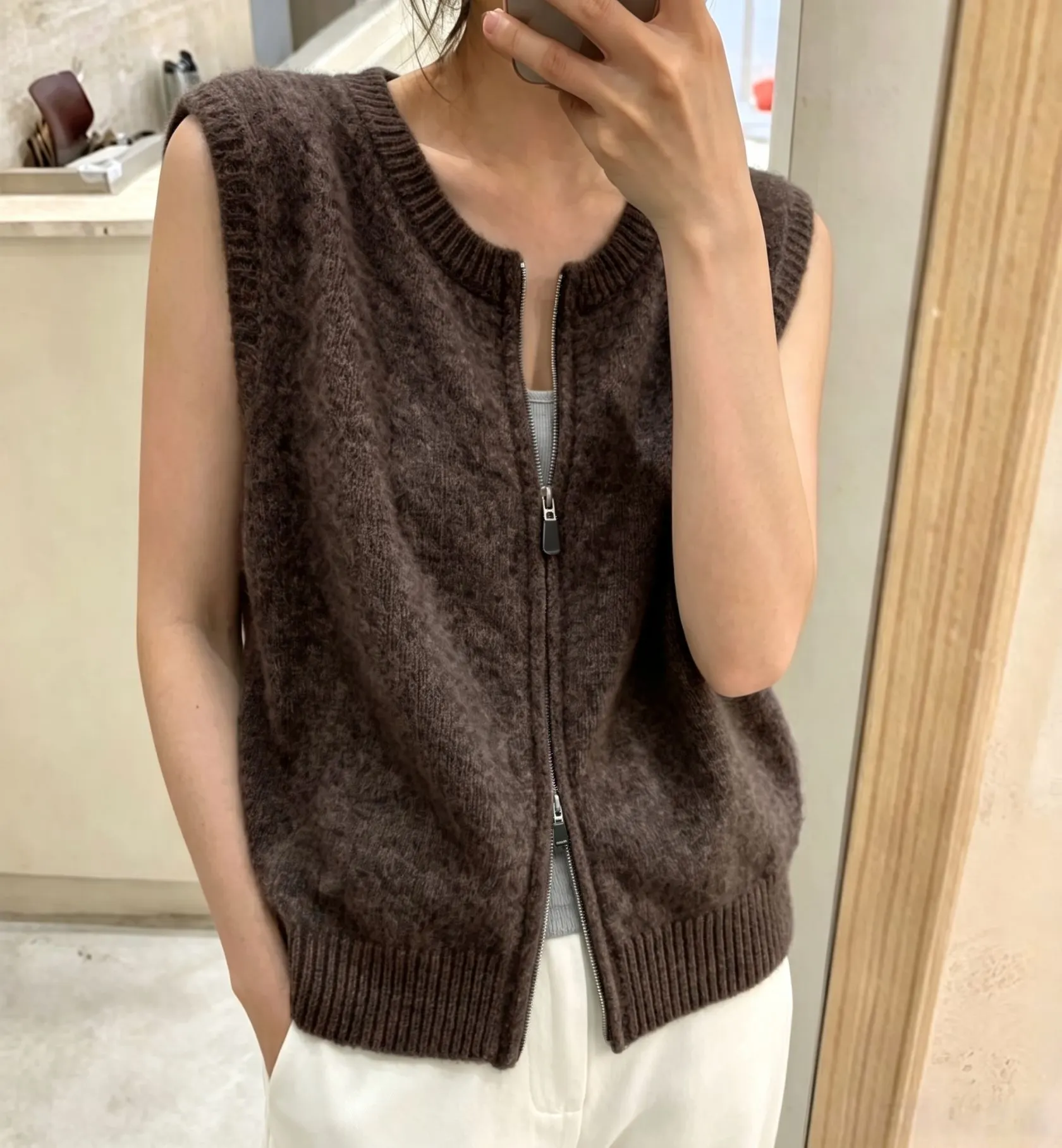Women's Double Zipper Gray Knit Vest