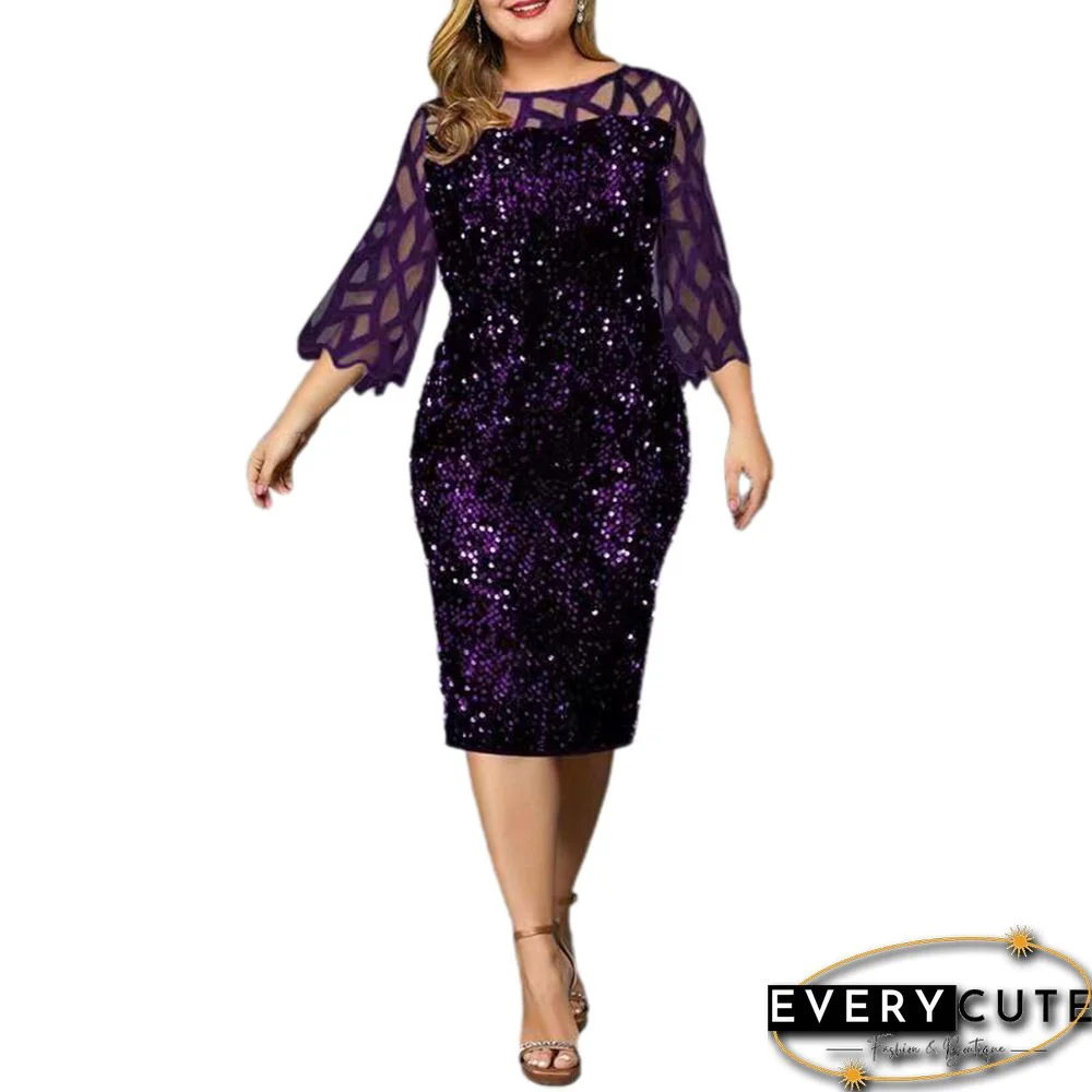 Women Dress Elegant Knee-length O Neck 3/4 Sleeve Floral Print Mesh Patchwork Bodycon DressFor Party Wedding Black 4xlVestidos