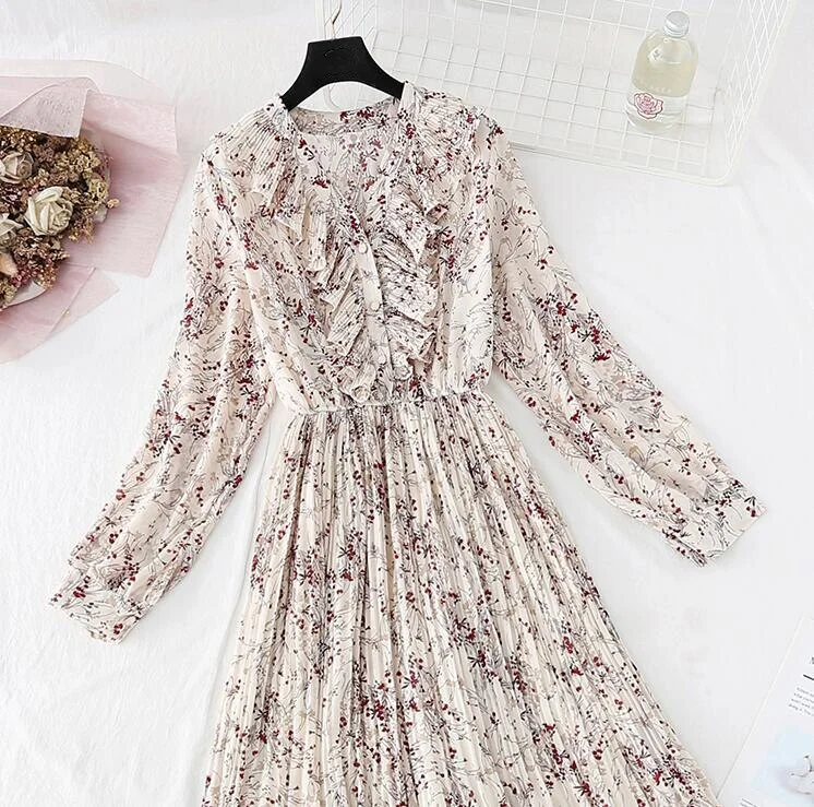 2020 Spring Summer Pleated Chiffon Dresses Women Vintage V-neck Ruffles Long Dress Long Sleeve Floral print Office Dress Vestido
