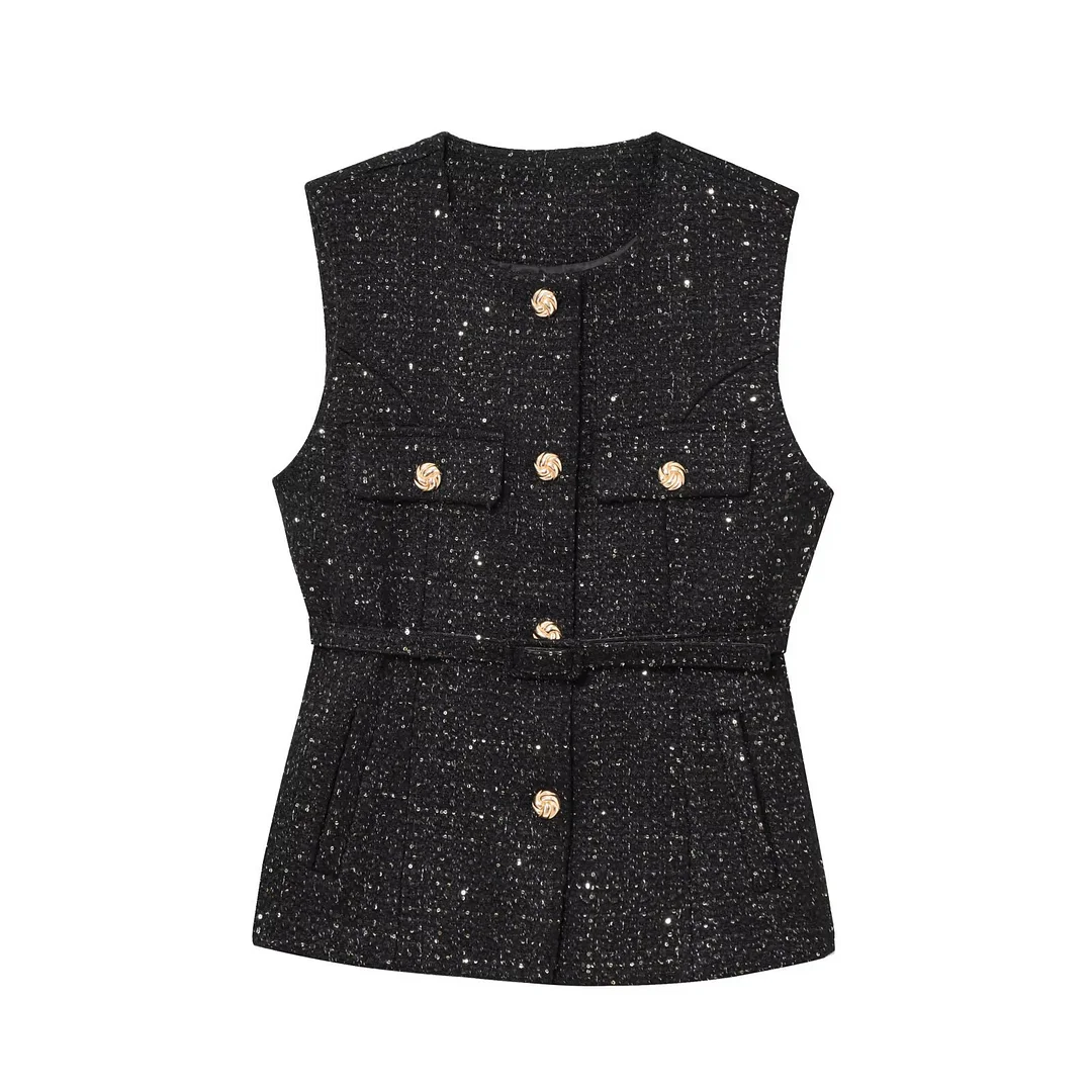 Nigikala Nigikala Spring New Women's Wear With Belt Metallic Wire Texture Vest Women 2132116