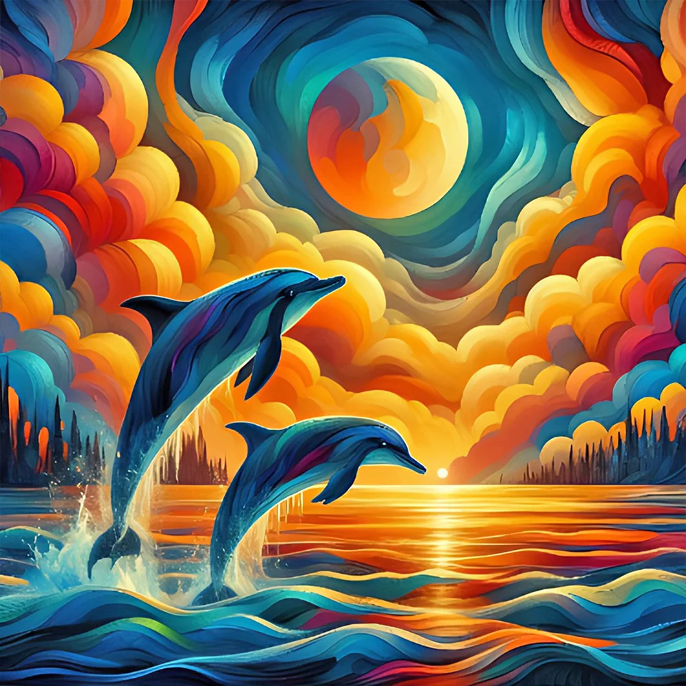 Full Round Diamond Painting - Sunset Dolphin(Canvas|40*40cm)