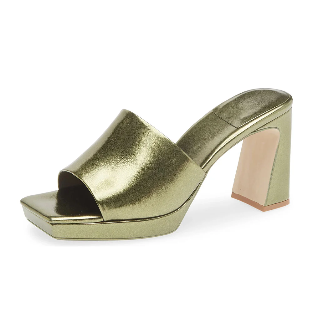 Metallic Open Square Toe Chunky Heel Platform Slide Sandals in Olive