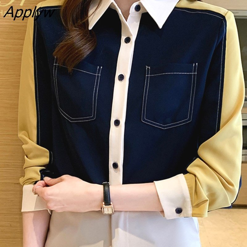 Applyw Han Queen Autumn Elegant Color Matching Blouses Women 2021 New Korean Style Casual Vintage Shirts Simple Office Wear Work Tops