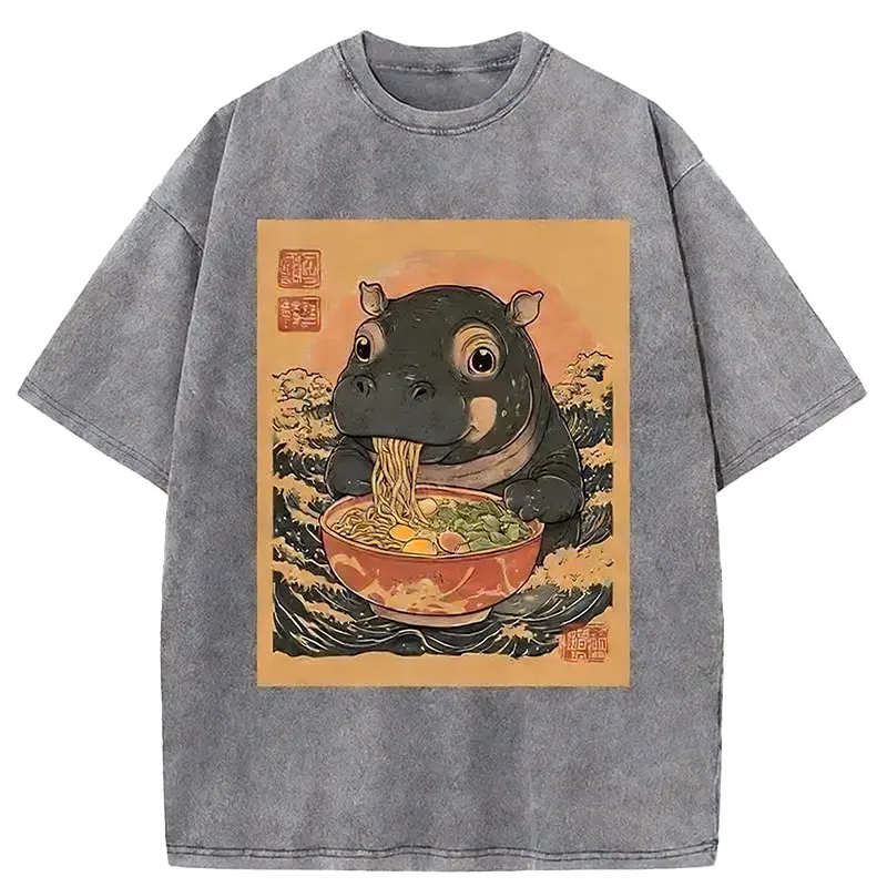 Moo Deng Eat Ramen Washed T-shirt artswardrobe