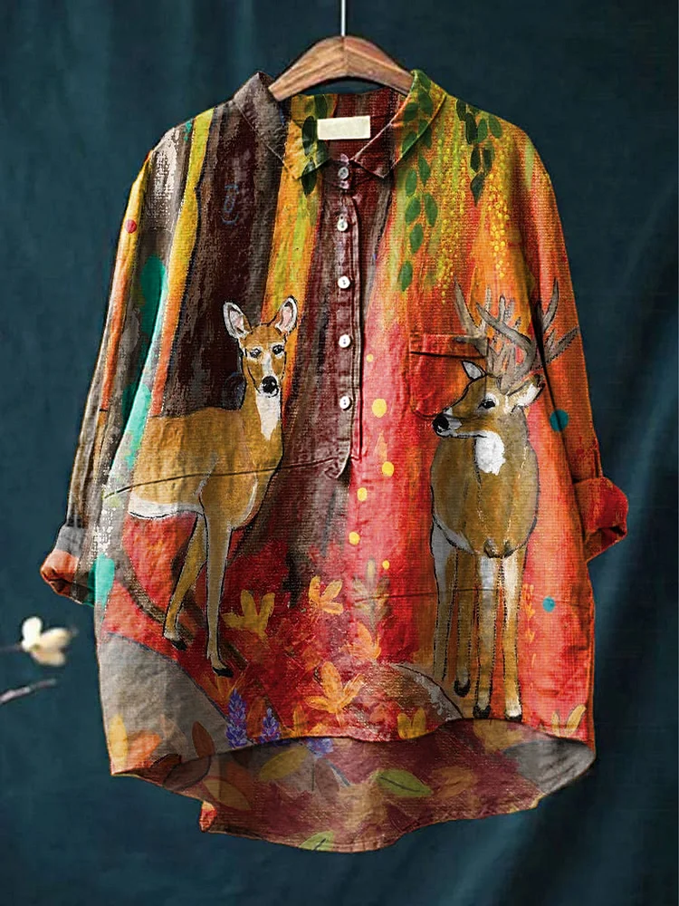 Women's Cartoon Fun Colorful Elk Pattern Casual Cotton Shirt
