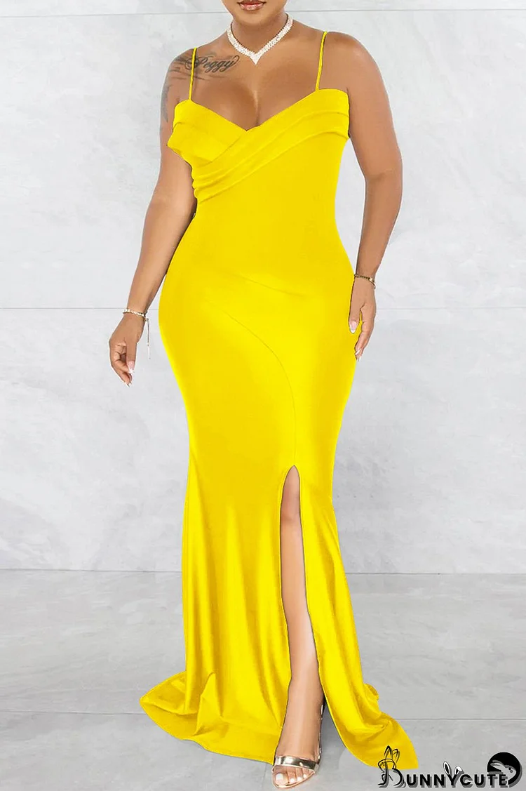 Yellow Fashion Sexy Solid Backless Slit Spaghetti Strap Evening Dress