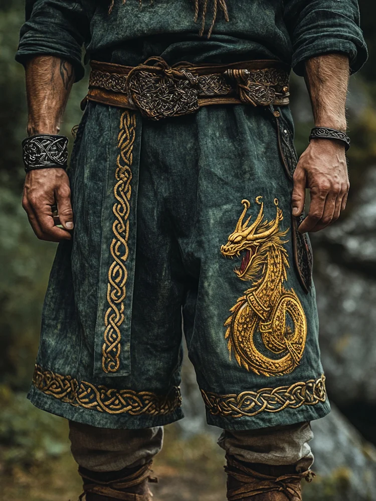 Men's Viking Rune Mythical Golden Dragon Knot Graphics Sports Shorts