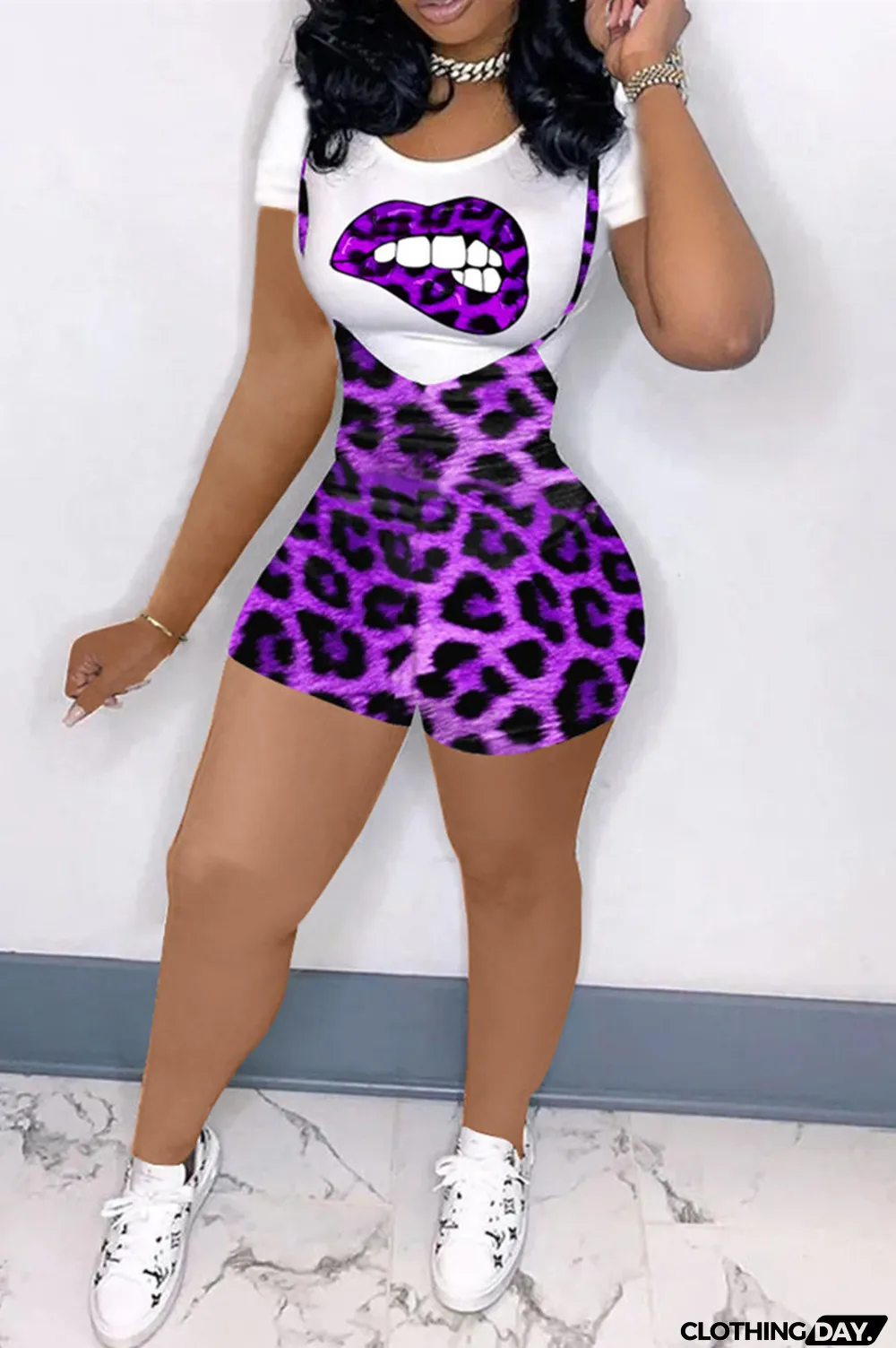 Rose Red Fashion Casual Print Leopard Basic O Neck Short Sleeve Two Pieces