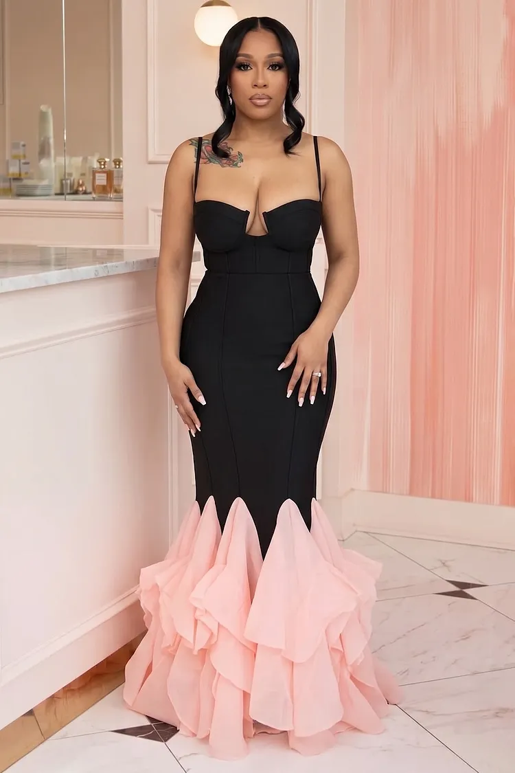 spaghetti strap plain ruffle ruched maxi a-line dress Spaghetti Strap Colorblock Ruffle Mermaid Maxi Dresses-Black [Pre Order]